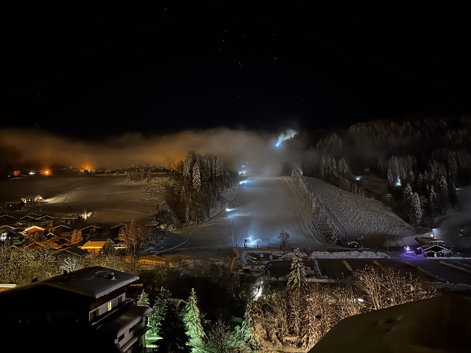 Alpine village lights at night