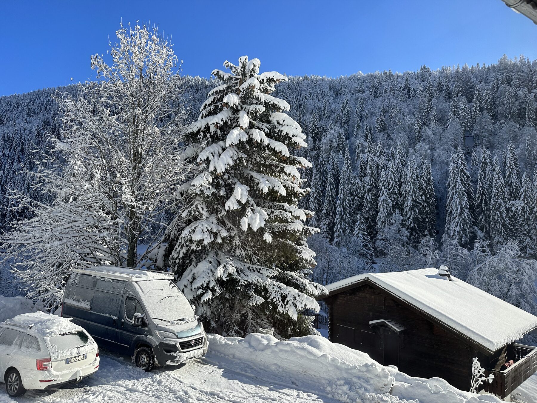 Snow-laden chalet in winter