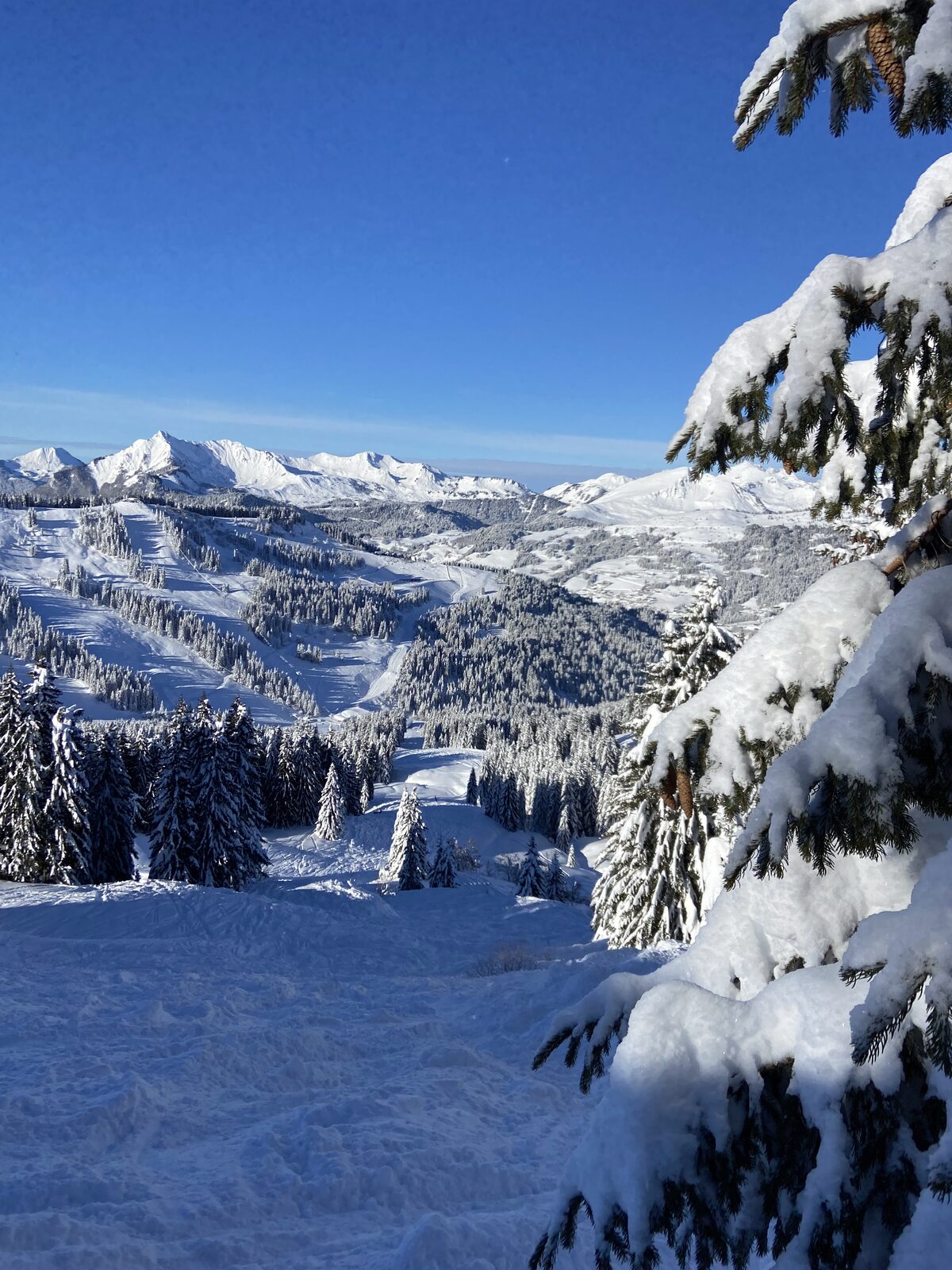 Snowy resort village view