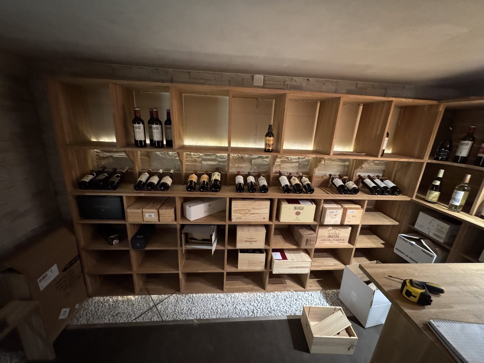A well-stocked chalet wine cellar