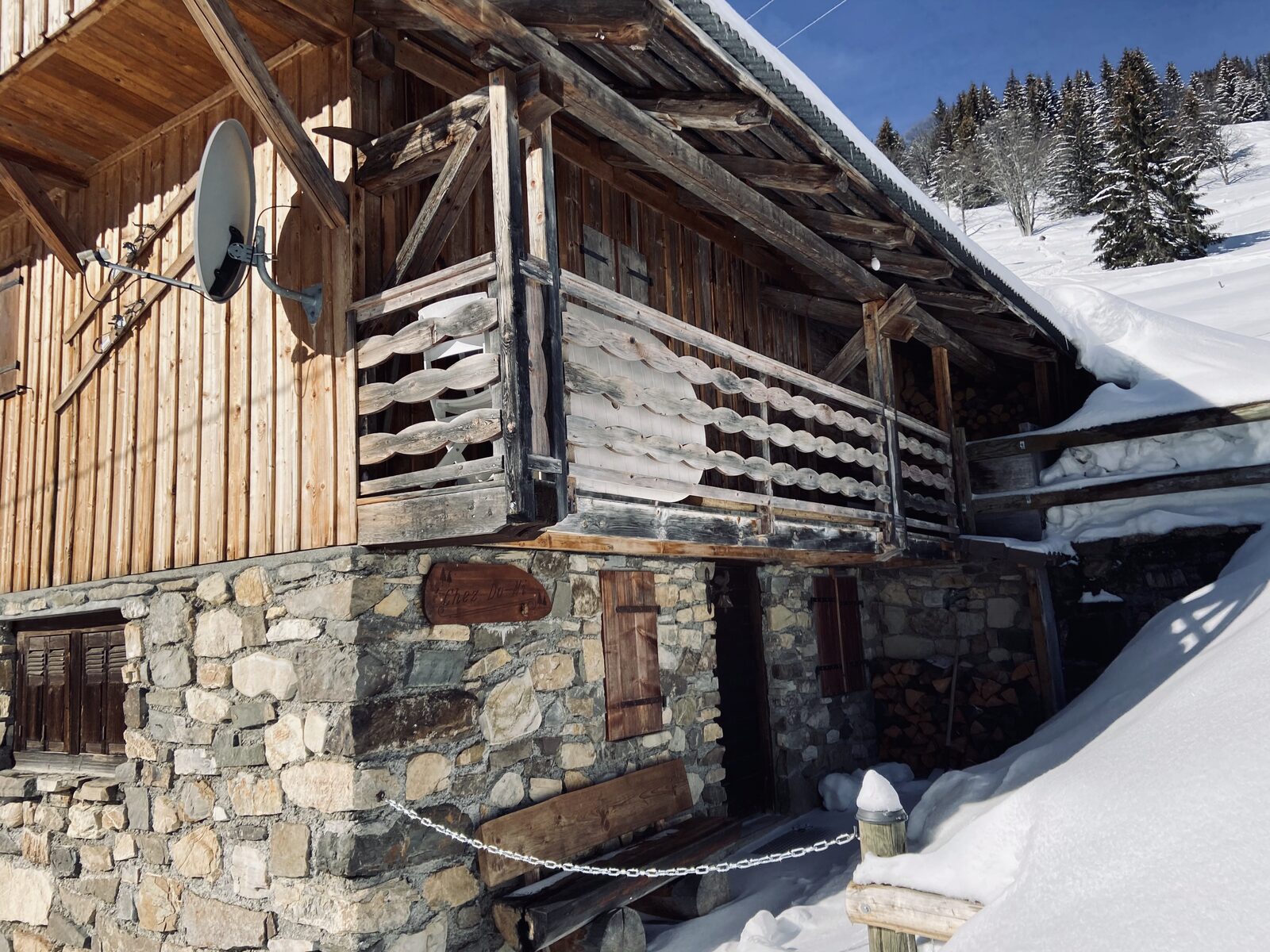 Rustic timber chalet in winter